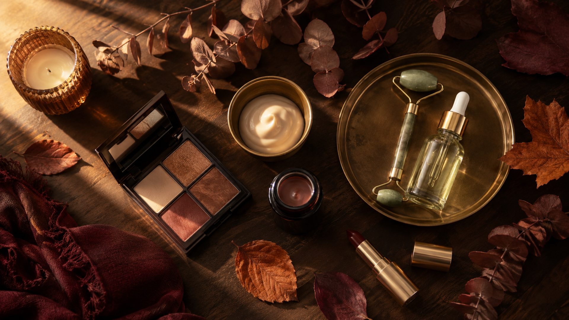 Autumn leaves and soft golden light evoking a seasonal beauty refresh