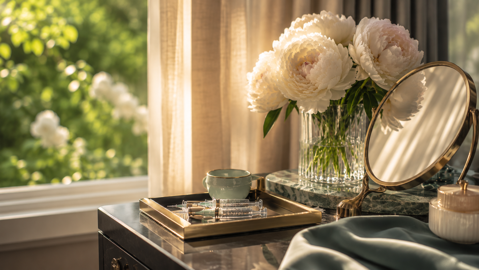 Late spring vanity scene with peonies and golden light — injectable treatment timing for summer